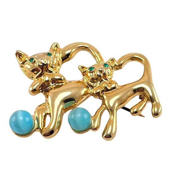 Vintage Gold Tone Cat Brooch With Turquoise Ball Two Cats Design - Picture 3 of 8